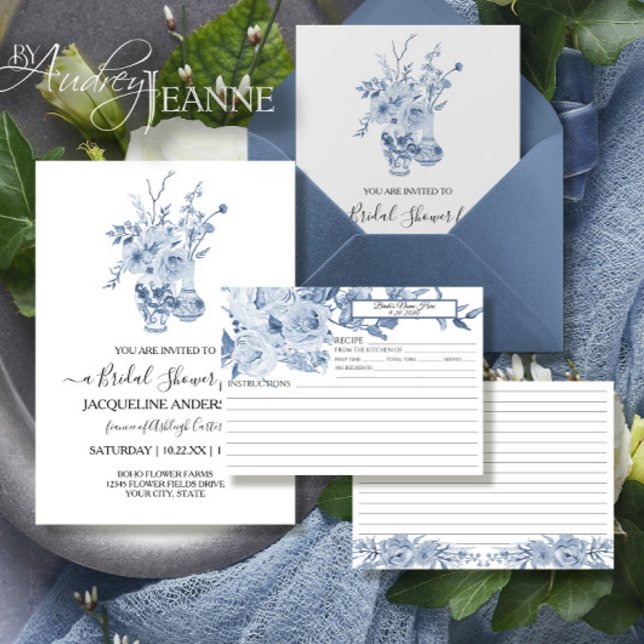 Blue and White Chinoiserie Floral Bridal Recipe Einladung (Von Creator hochgeladen)