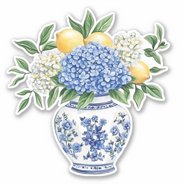 Blue and White Chinoiserie Vase With Hydrangeas Aufkleber (Vorderseite)