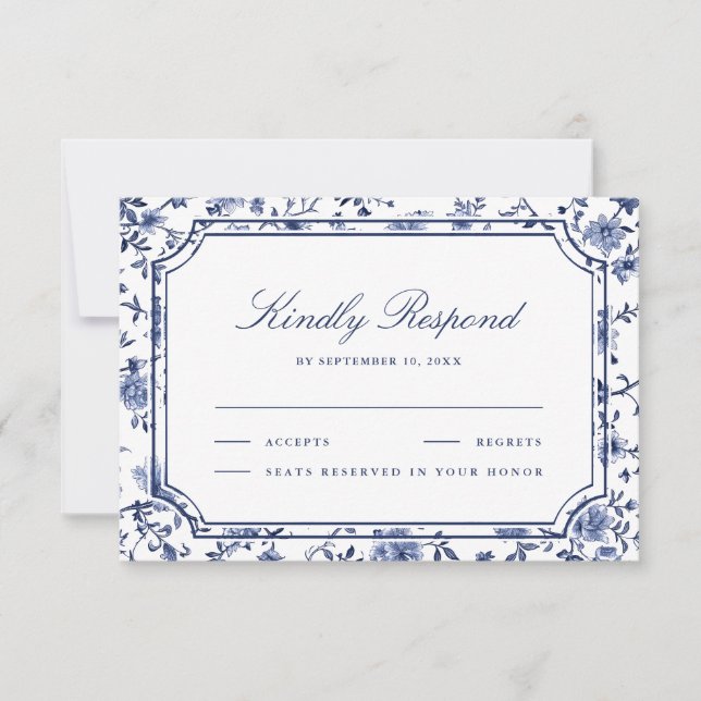 Blue and White Chinoiserie Wedding RSVP Karte (Vorderseite)
