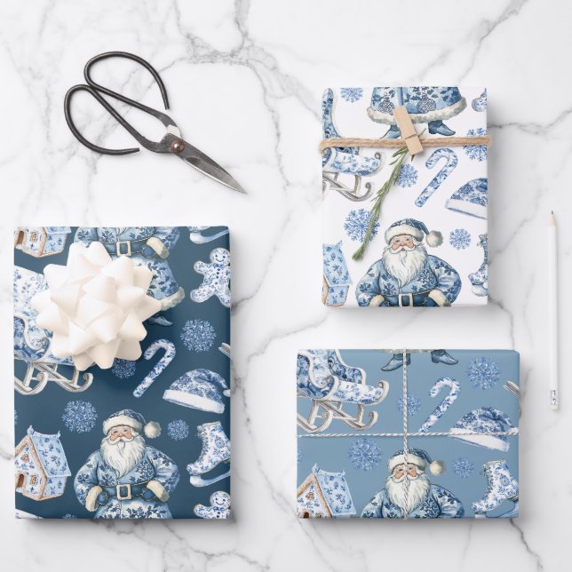 Blue and White Chinoiserie Weihnachten Geschenkpapier Set (Vorderseite)
