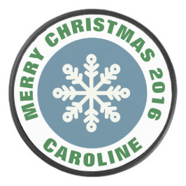 Blue and White Christmas Snowflake Hockey Puck