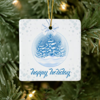 Blue and White Christmas Tree Snow Globe Keramikornament