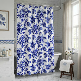 Blue and White Dahlia Blume Toile de Jouy Duschvorhang