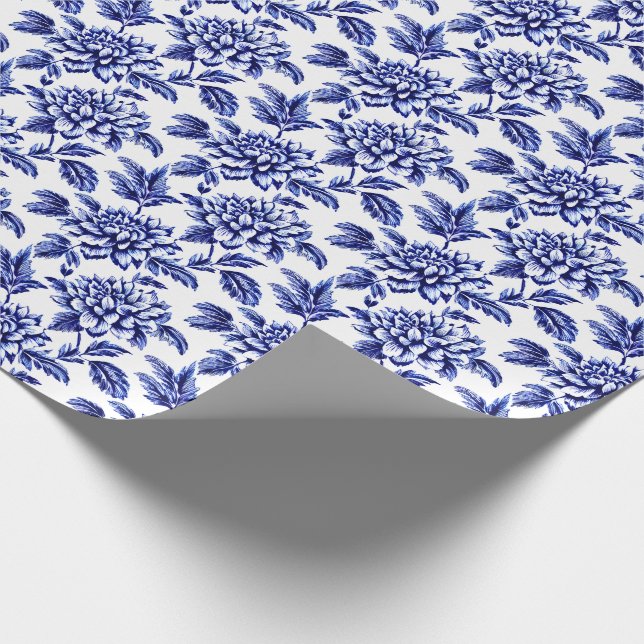 Blue and White Dahlia Blume Toile de Jouy Geschenkpapier (Ecke)