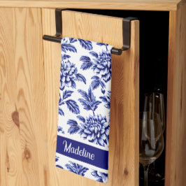 Blue and White Dahlia Blume Toile de Jouy Geschirrtuch