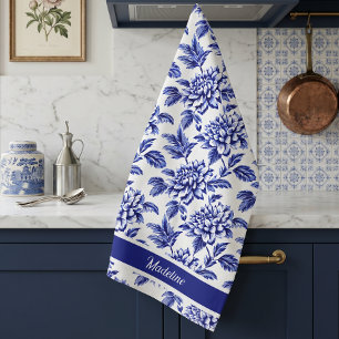 Blue and White Dahlia Blume Toile de Jouy Geschirrtuch