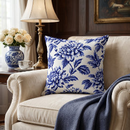 Blue and White Dahlia Blume Toile de Jouy Kissen