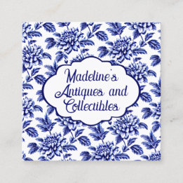 Blue and White Dahlia Blume Toile de Jouy Quadratische Visitenkarte