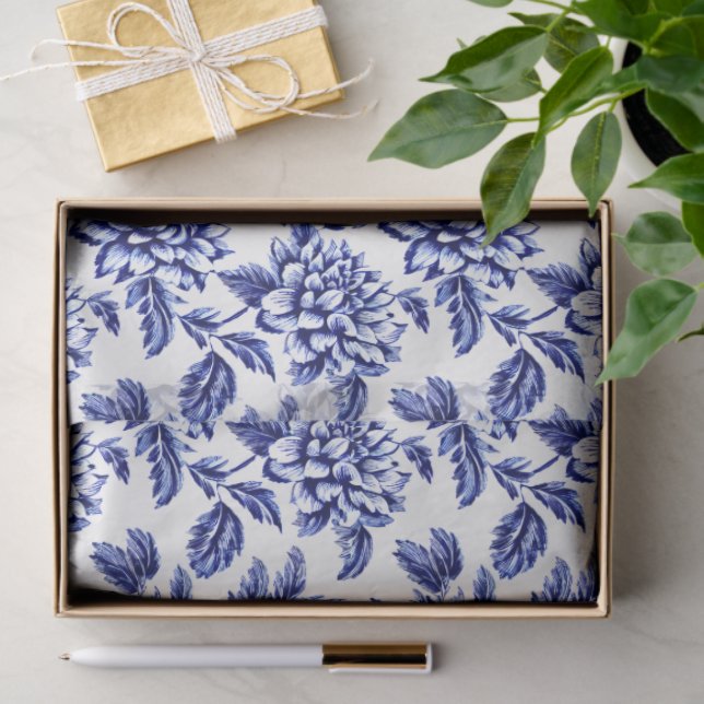 Blue and White Dahlia Blume Toile de Jouy Seidenpapier (Geschenk)