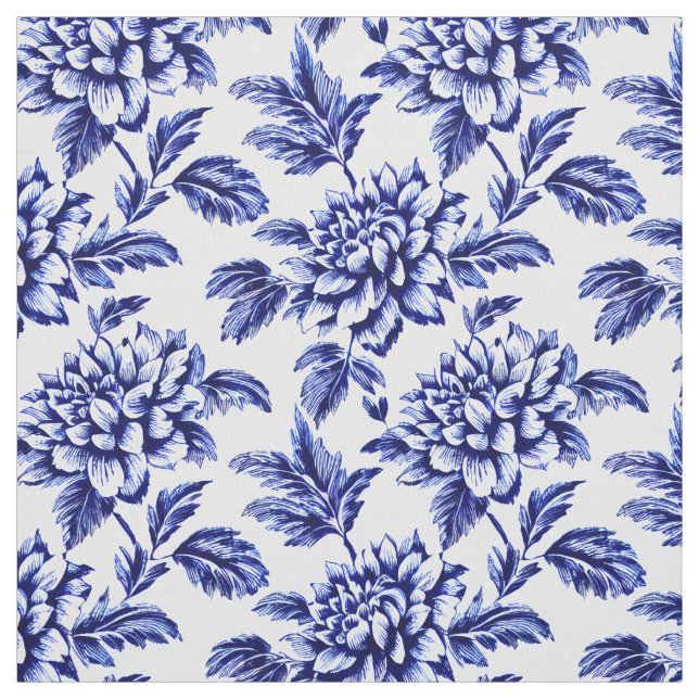 Blue and White Dahlia Blume Toile de Jouy Stoff (Muster)