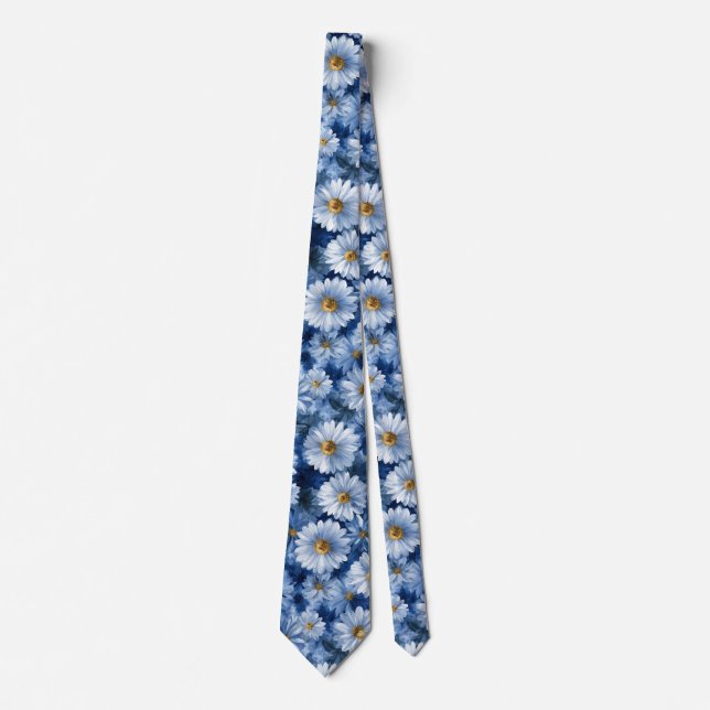 Blue and White Daisy Watercolor Pattern Krawatte (Vorderseite)