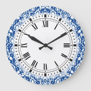 Blue and White Damask Große Wanduhr