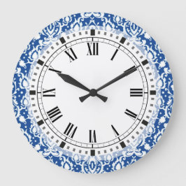 Blue and White Damask Große Wanduhr
