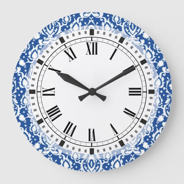 Blue and White Damask Große Wanduhr (Vorderseite)