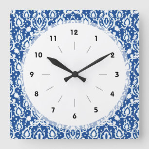 Blue and White Damask Quadratische Wanduhr