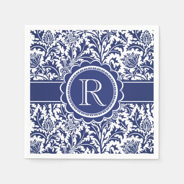 Blue and White Elegance William Morris Monogram Serviette (Vorderseite)