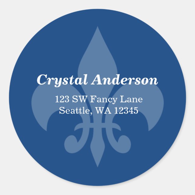 Blue and White Fleur-De-Lis Custom Address Label Runder Aufkleber (Vorderseite)