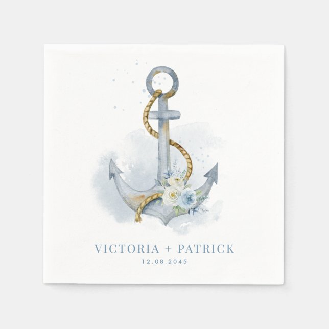 Blue and White Floral Anchor Nautical Wedding Serviette (Vorderseite)