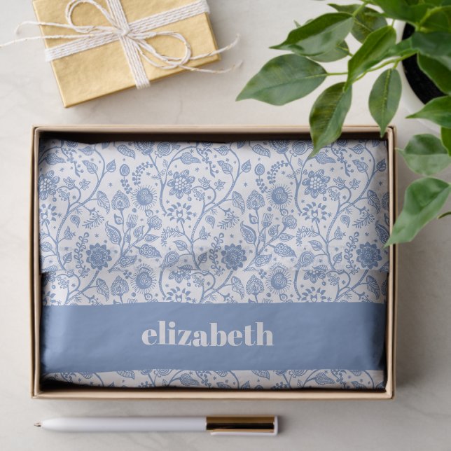Blue and White Floral Botanical Custom Name Modern Seidenpapier (Geschenk)