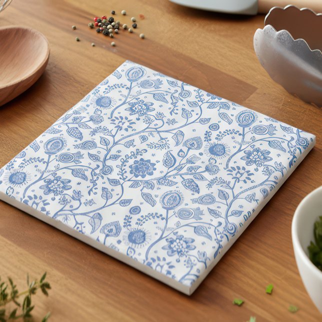Blue and White Floral Botanical Pattern Modern Fliese (Von Creator hochgeladen)
