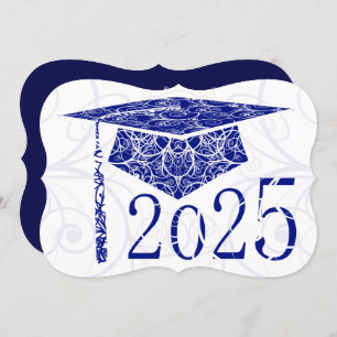 Blue and White Floral Cap 2025 Graduation Party Einladung