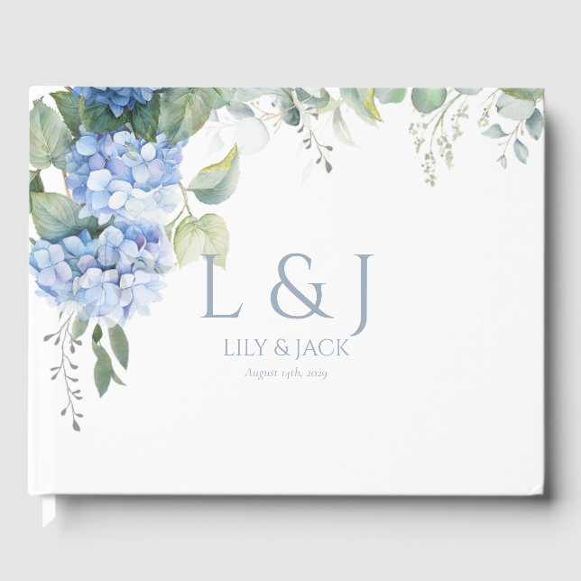 Blue and White Floral Hydrangea Wedding Gästebuch (Vorderseite)