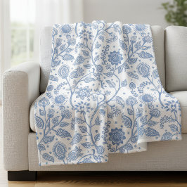 Blue and White Floral Pattern Botanical Boho Chic Fleecedecke