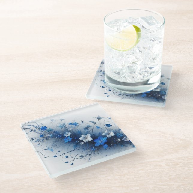  Blue and White Floral Vine Throw Pillow  Glasuntersetzer (Schrägansicht)