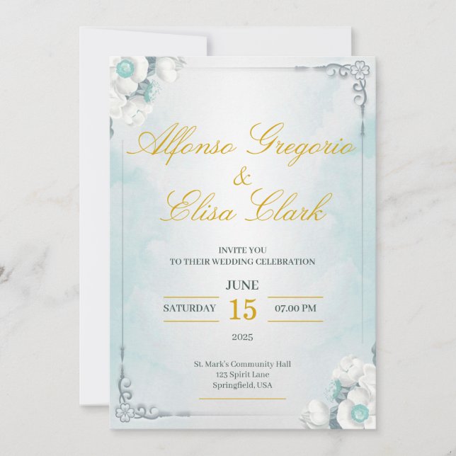 Blue and White Flower Beauty Wedding Invitation Einladung (Vorderseite)