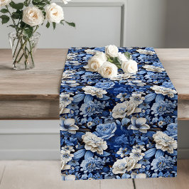Blue and White Flowers Elegant Table Runner Großer Tischläufer