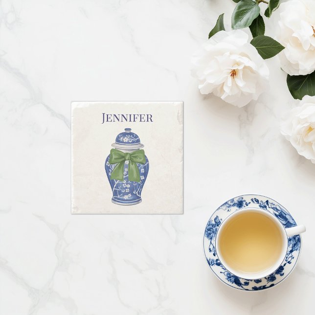 Blue and White Ginger Jar Chinoiserie Steinuntersetzer (Personalized blue ginger jar bow stone coaster custom name)