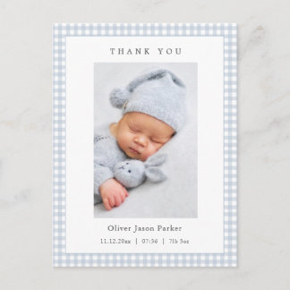Blue and white Gingham Baby Boy Birth Announcement Postkarte