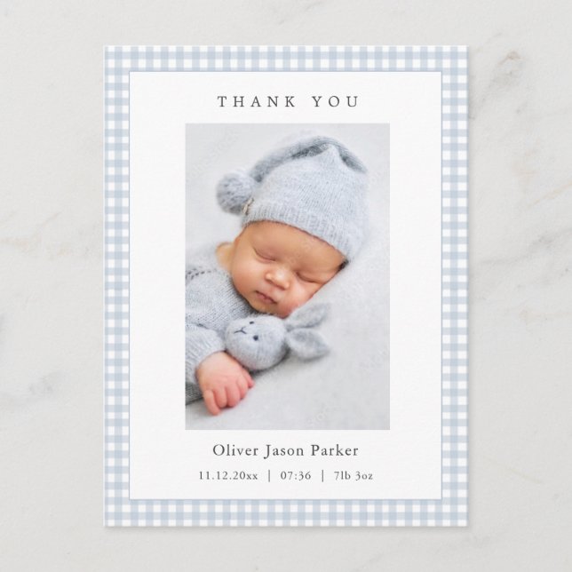 Blue and white Gingham Baby Boy Birth Announcement Postkarte (Vorderseite)