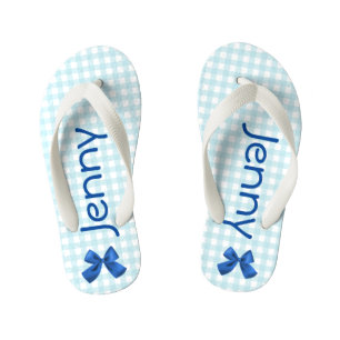 Blue and White Gingham Girls Flip Flops