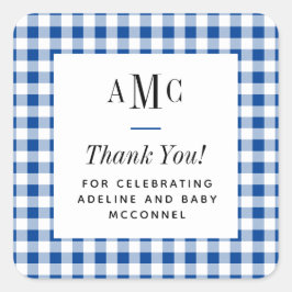 Blue and White Gingham Monogram Vielen Dank Quadratischer Aufkleber
