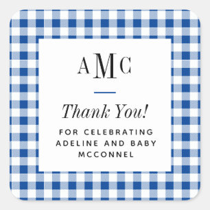 Blue and White Gingham Monogram Vielen Dank Quadratischer Aufkleber
