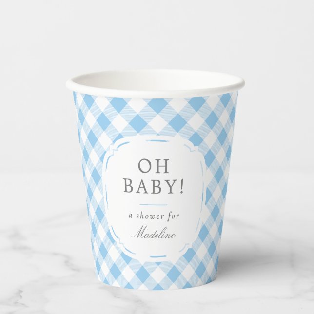 Blue and White Gingham Pattern Oh Baby Boy Dusche Pappbecher (Vorderseite)