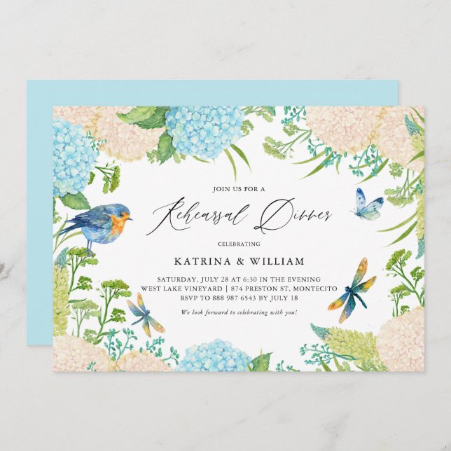 Blue and White Hydrangeas Probe Dinner Einladung (Vorne/Hinten)