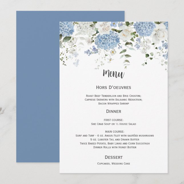 Blue and White Hydrangeas White Roses Wedding Menu Einladung (Vorne/Hinten)