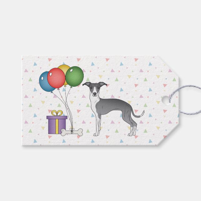Blue and White Italian Greyhound - Happy Birthday Geschenkanhänger (Vorderseite (Horizontal))