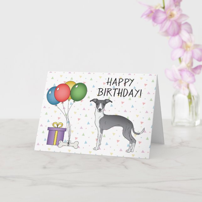 Blue and White Italian Greyhound - Happy Birthday Karte (Orchidee)
