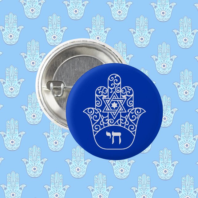 Blue and White Jewish Chai Hamsa Star von David Button (Von Creator hochgeladen)