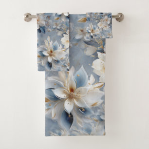 Blue and White Künstlerisch Gold Edge Blume Badhandtuch Set