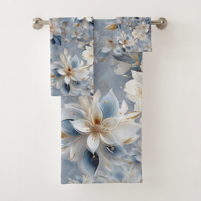 Blue and White Künstlerisch Gold Edge Blume Badhandtuch Set (Insitu)