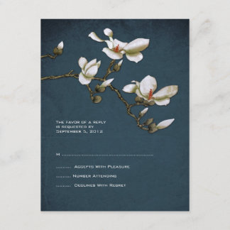 Blue and White Magnolia Wedding RSVP Karte
