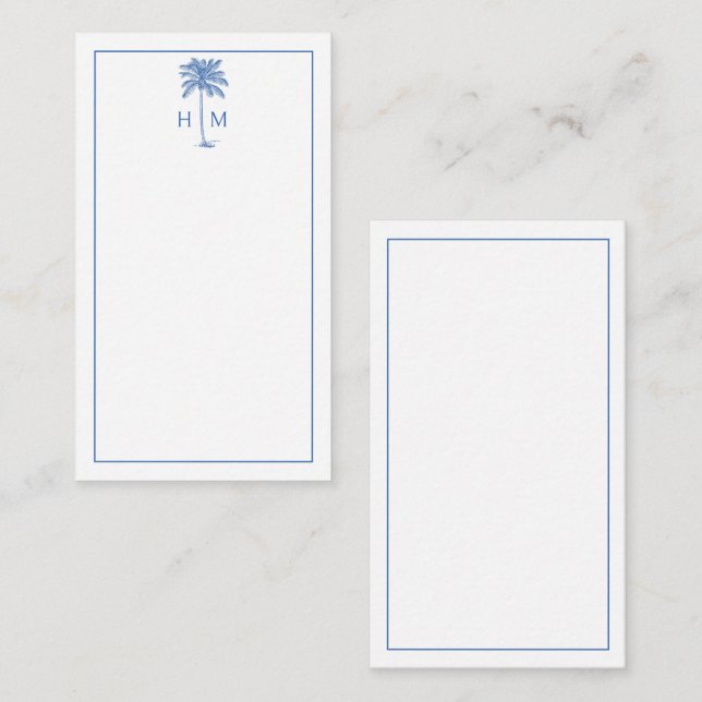Blue and White Palm Palmetto Tree Monogram Mitteilungskarte (Vorne/Hinten)