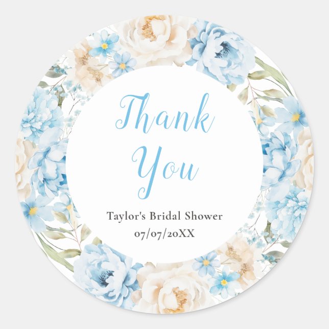 Blue and White Peony Brautparty Vielen Dank Runder Aufkleber (Vorderseite)
