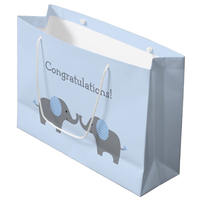 Blue and White Polka Dot Elephant Baby Shower Larg Große Geschenktüte (Vorderseite Schrägansicht)