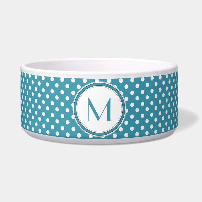 Blue and White Polka Dot Monogram Pet Bowl Napf (Vorderseite)