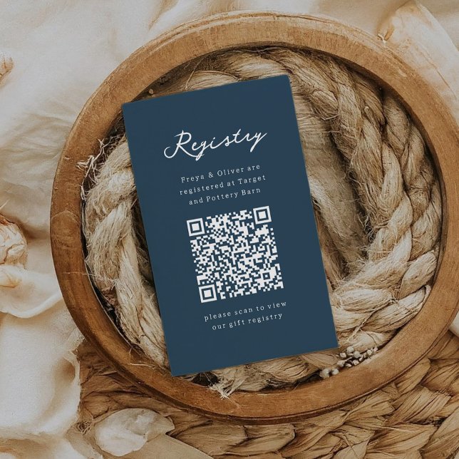 Blue and White Registry Baby Dusche Begleitkarte (Chic navy blue Baby Shower registry QR cod enclosure card.)